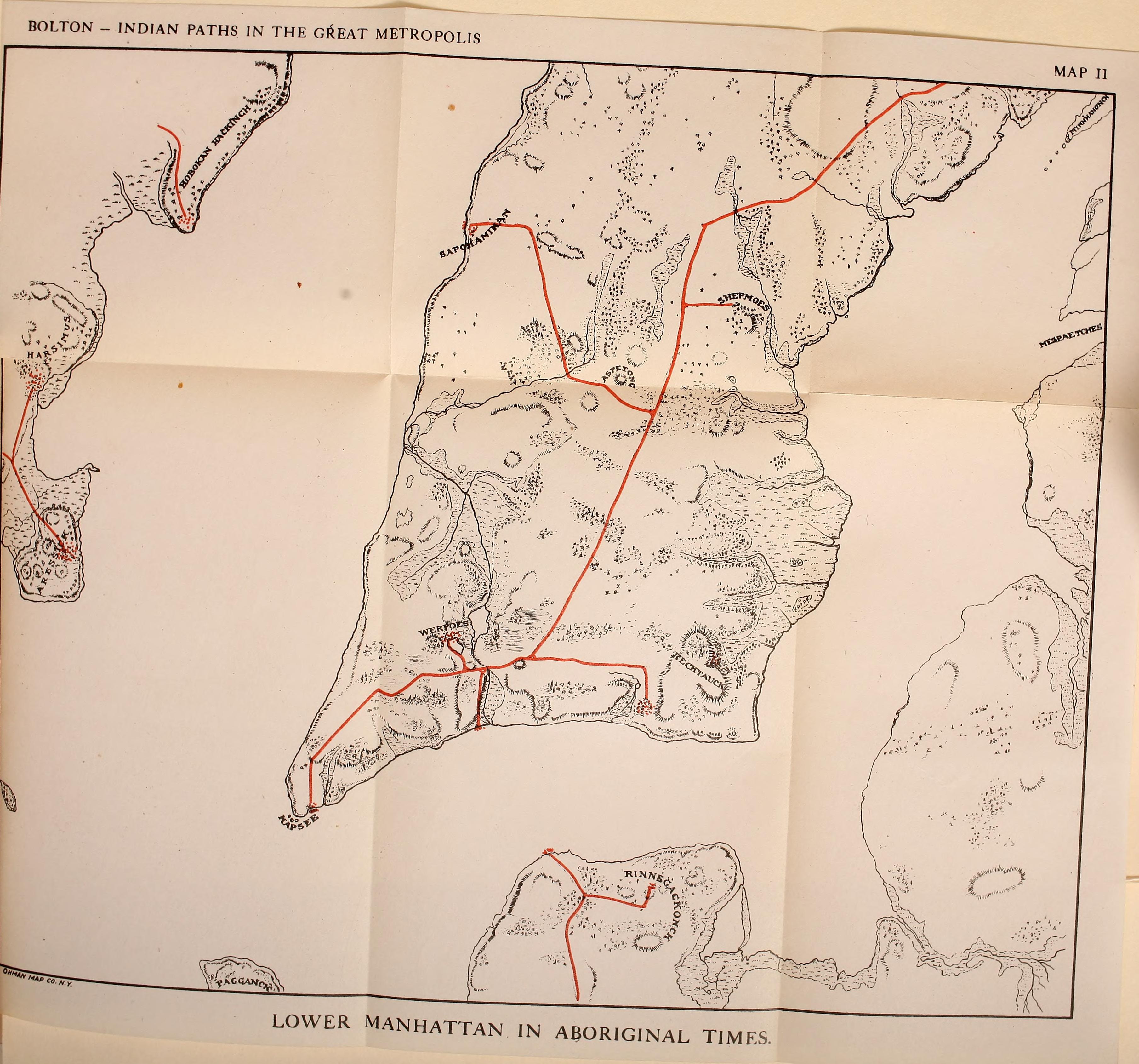 Map II: Lower Manhattan in Aboriginal Times — Bolton (1922)