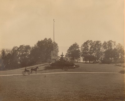 Fountain and flagpole, looking south