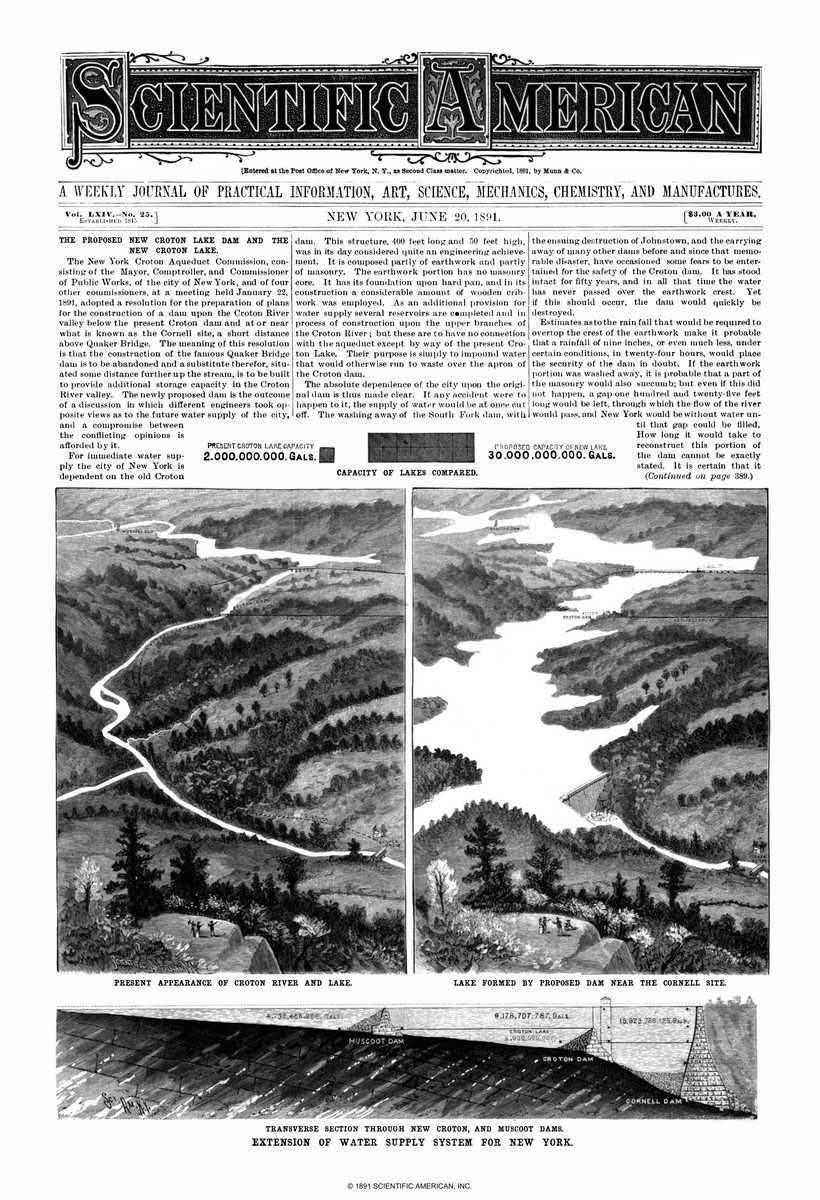 Proposed New Croton Lake Dam — complete Scientific American cover, June 20, 1891