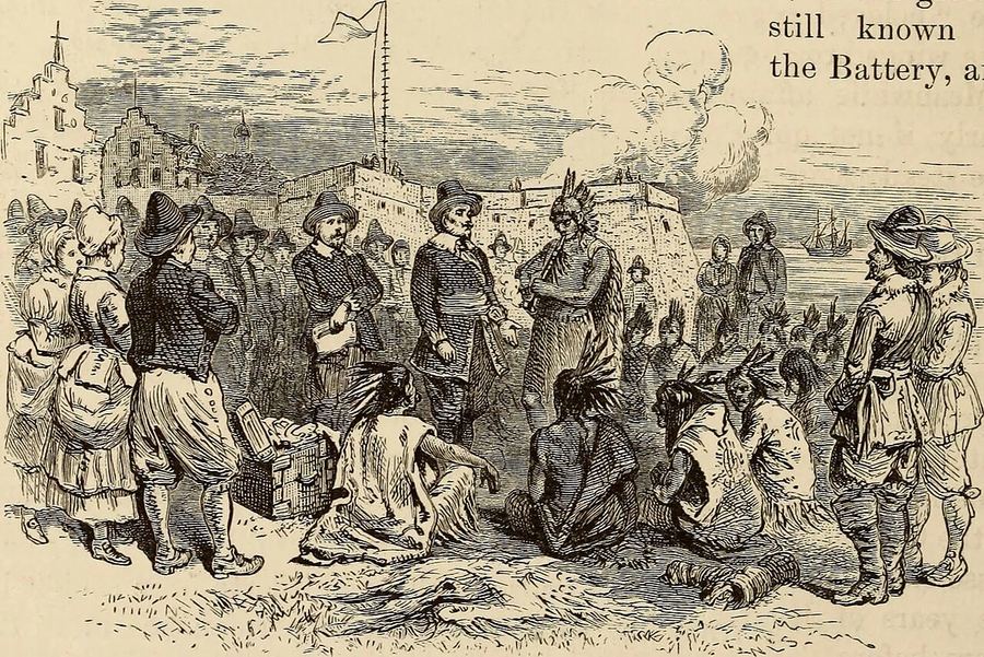 Willem Kieft and Algonquian Chief Smoking Peace Pipe