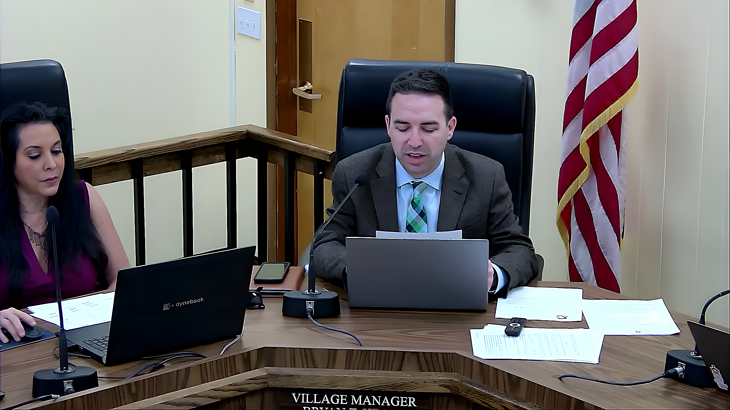 Village Manager Bryan Healy during discussion of the school speed zone camera demonstration program at the Board Of Trustees meeting.