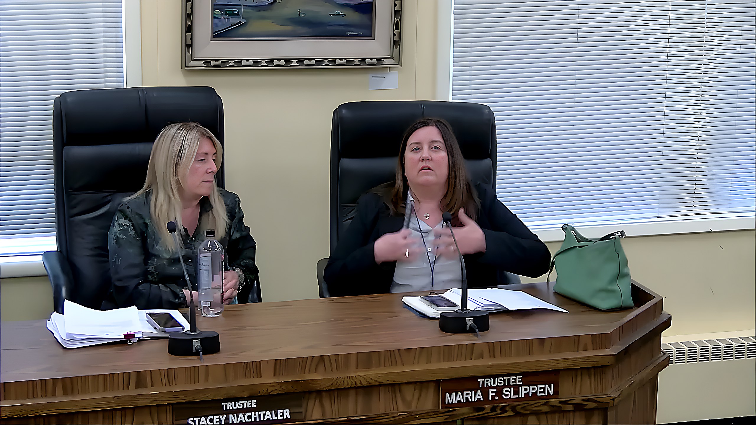 Trustee Stacey Nachtaler and Trustee Maria Slippen during discussion of a $15,000 contract for assistant manager recruitment at the Board Of Trustees meeting.