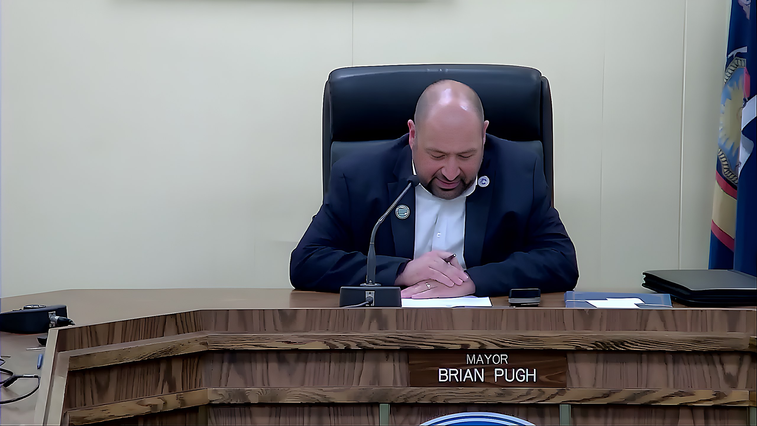 Mayor Brian Pugh during discussion of a school speed zone camera demonstration program at the Board Of Trustees meeting.