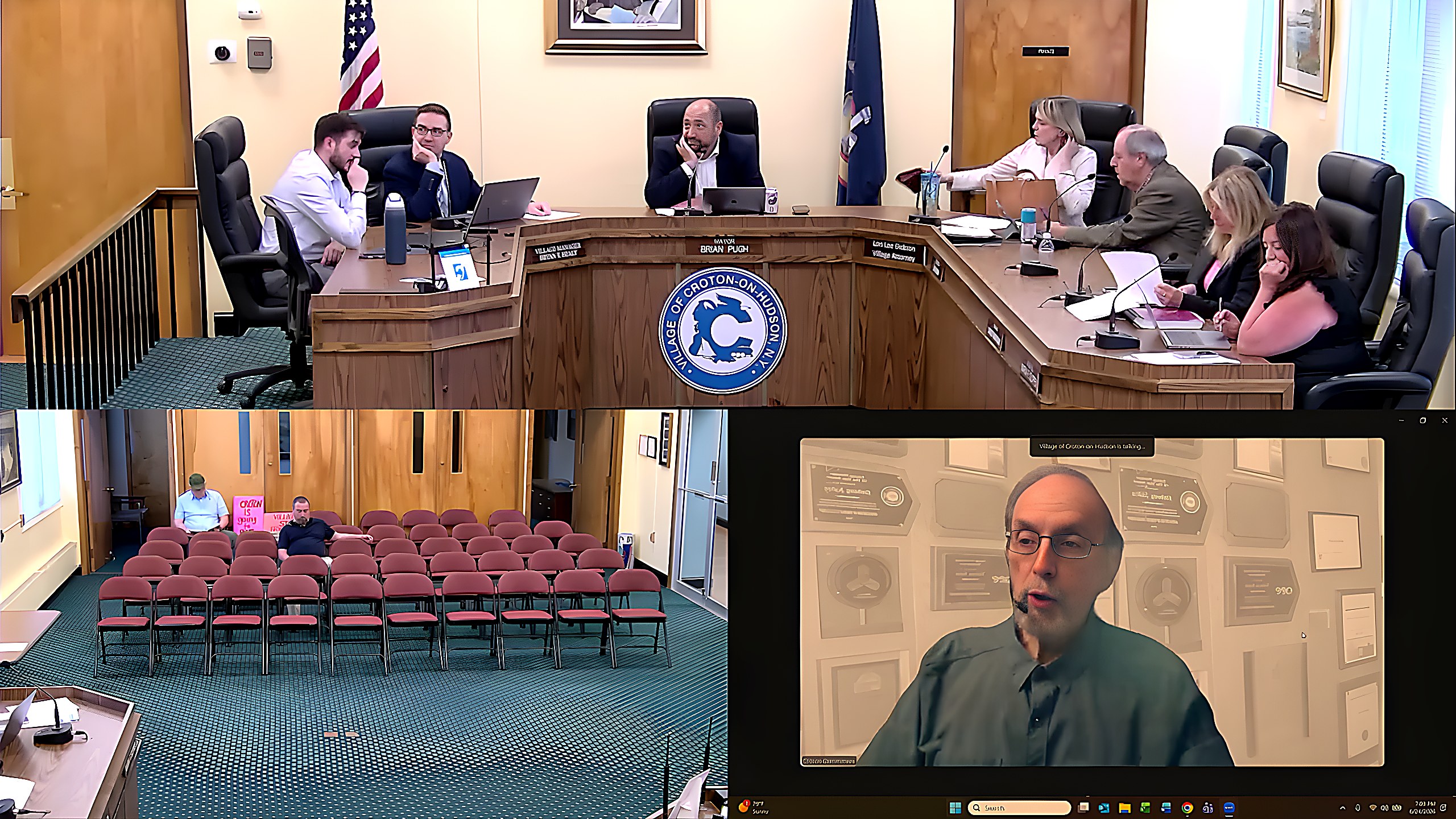 Lindsay Audin, chair of the village sustainability committee, begins his presentation on hosting commercial-scale battery energy storage systems on village-owned land.