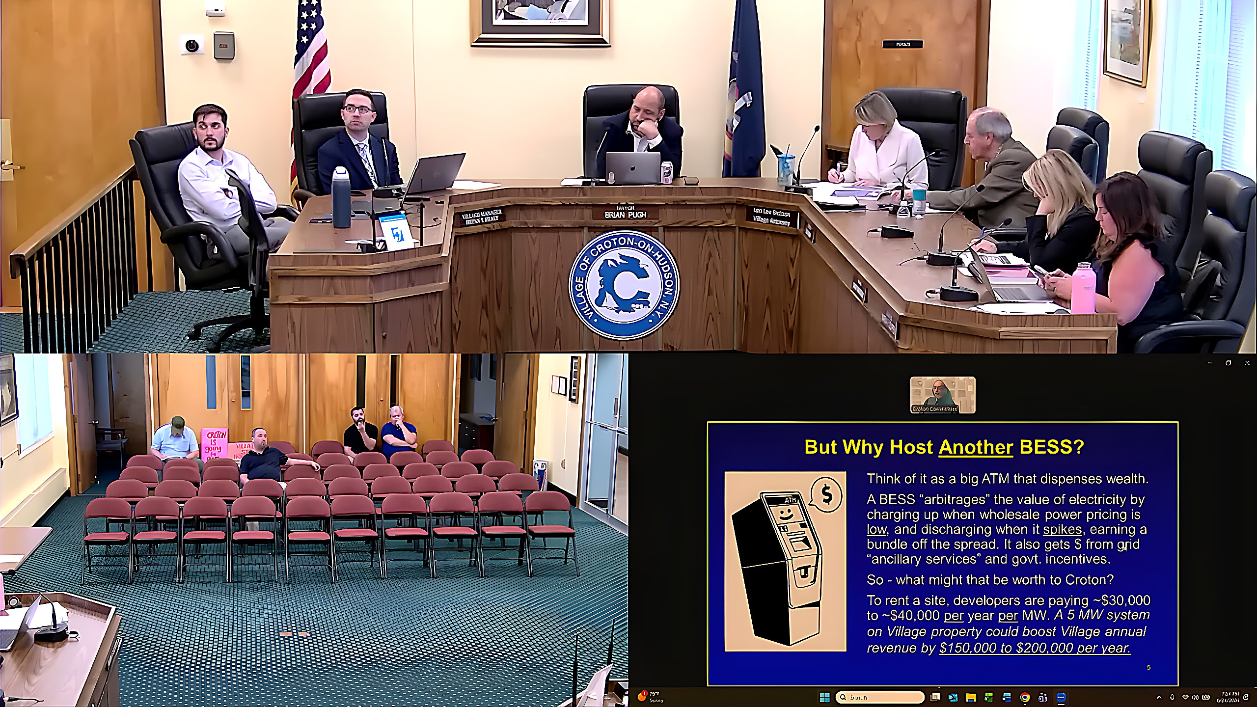 Lindsay Audin, chair of the sustainability committee, presents the potential financial benefits of hosting a battery energy storage system on village land.