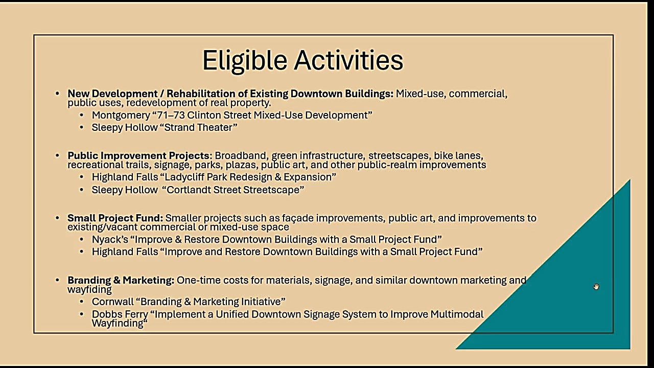 A town-hall slide shows examples of projects eligible for NY Forward funding; these are not Croton's approved projects.