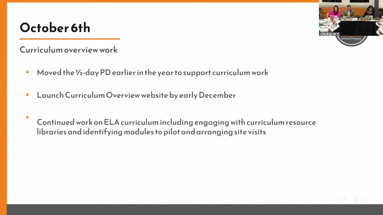 A slide in the October 1 superintendent's report sets an early-December target for a public curriculum overview website.