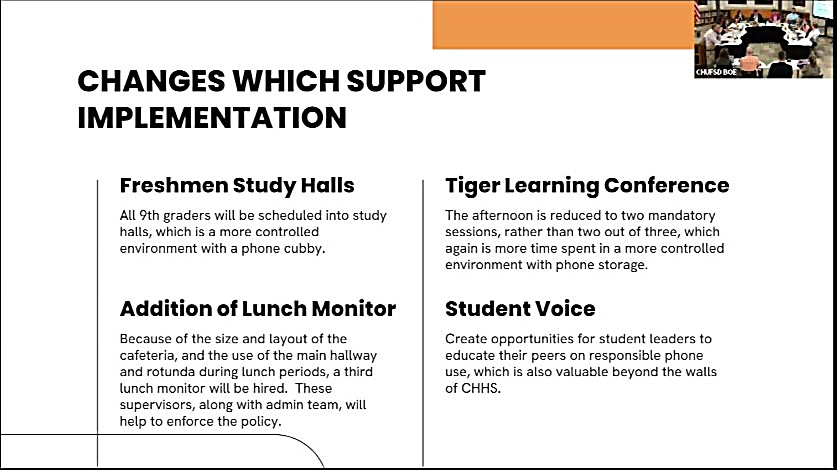 A district presentation outlines study halls, lunch supervision and student input for the new high-school phone procedures.