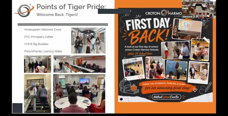 A district presentation at the September 3 school-board meeting highlights the first day of school.