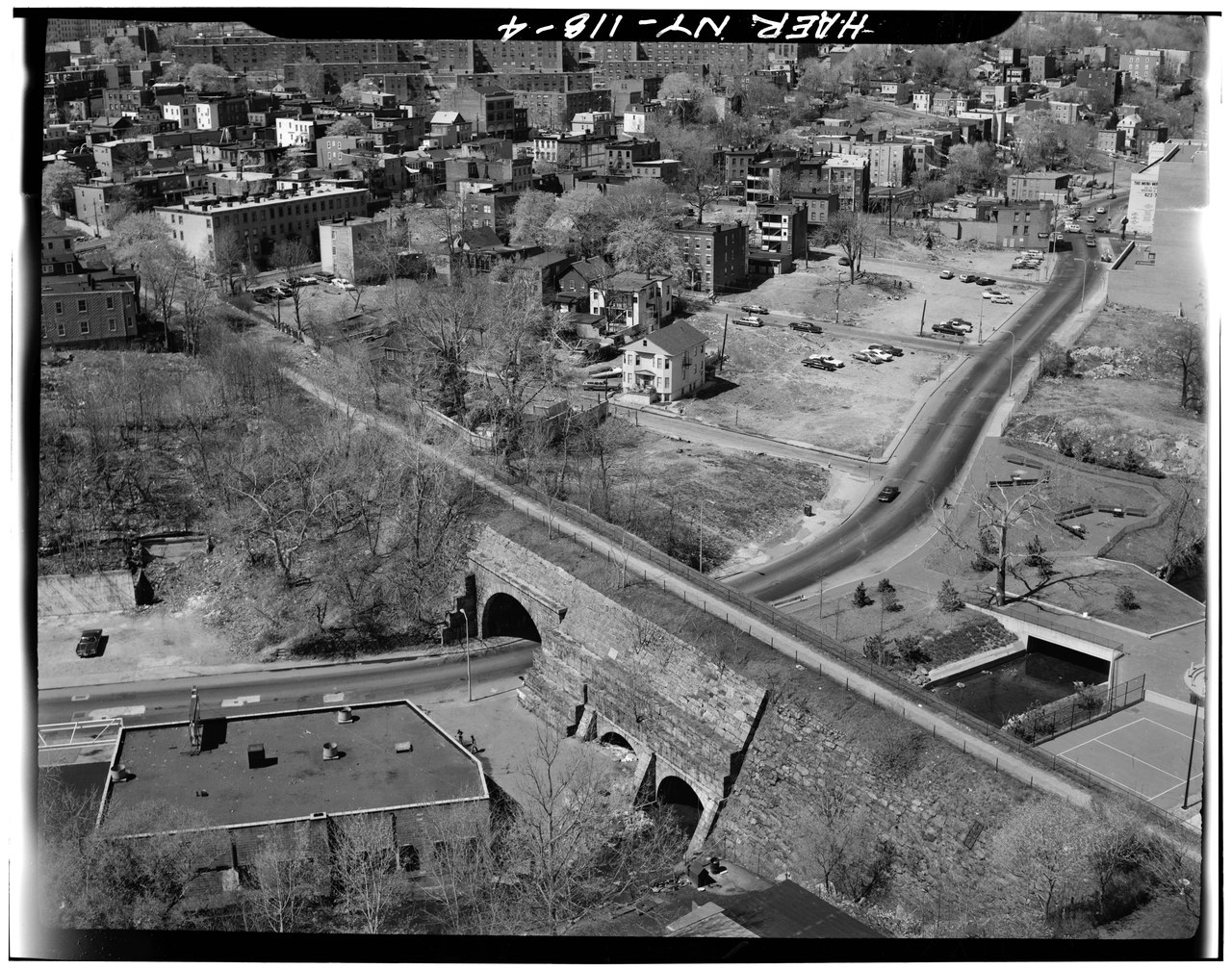 AERIAL VIEW LOOKING NORTH. - Old Croton Aqueduct, Saw Mill River Culvert, Spanning Nepperhan Avenue, Yonkers, Westchester County, NY HAER NY,60-YONK,1A-4.tif