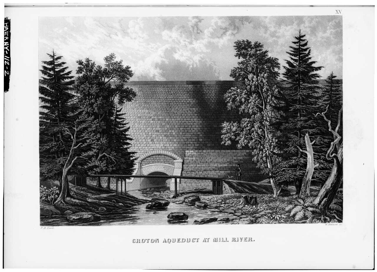 Photocopied October 1976, from F.B. Tower, Illustrations of the Croton Aqueduct, New York- Wiley and Putnam, 1843. CROTON AQUEDUCT AT MILL RIVER. PLATE XV, PAGE 104. - Old Croton HAER NY,60-TARYN,3A-2.tiff