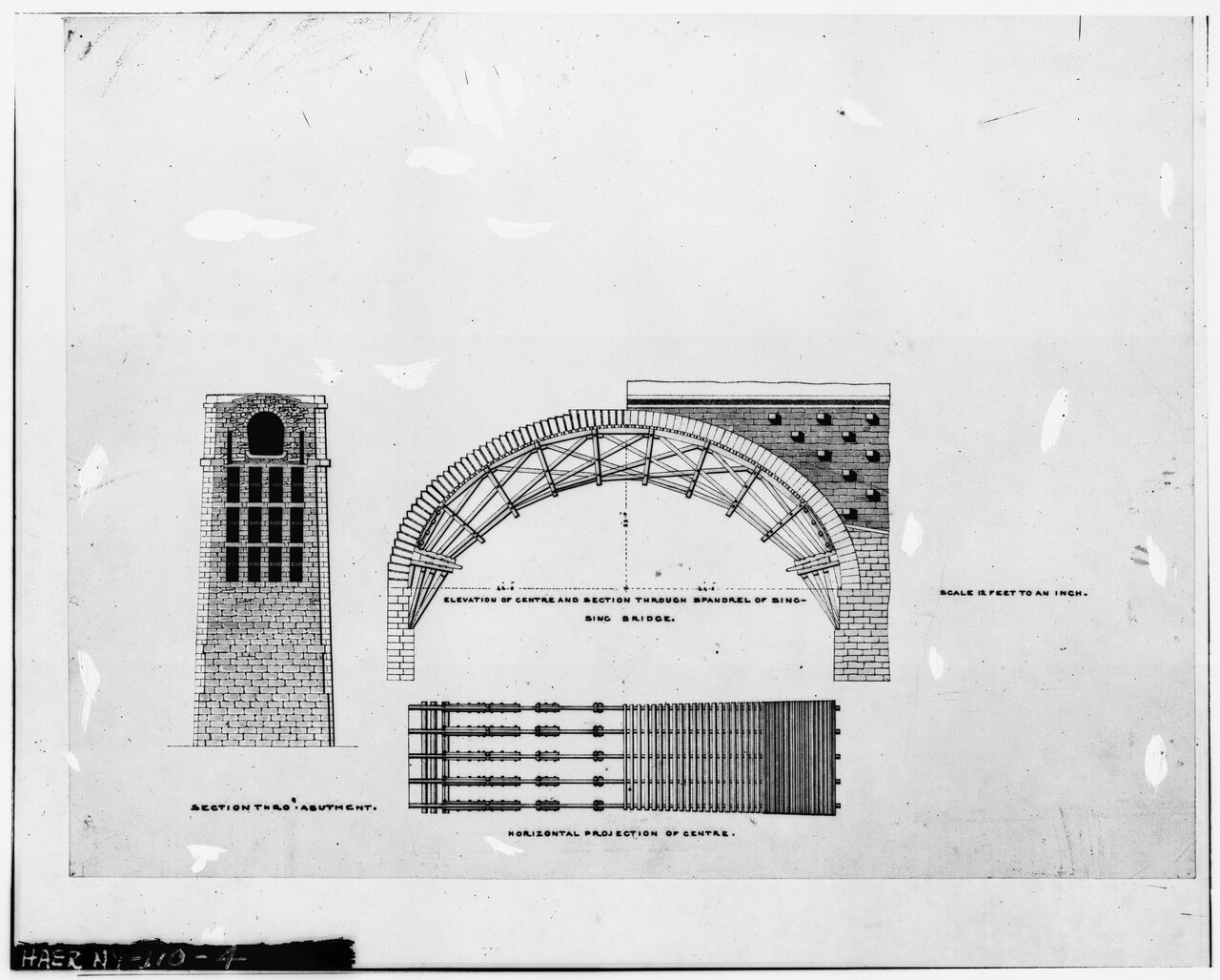 Photocopied December 1977, from loose original engineering drawing, Jervis Library. CENTERING FOR 88-FOOT ARCH. - Old Croton Aqueduct, Sing Sing Kill Bridge, Spanning Aqueduct HAER NY,60-OSS,2A-4.tif