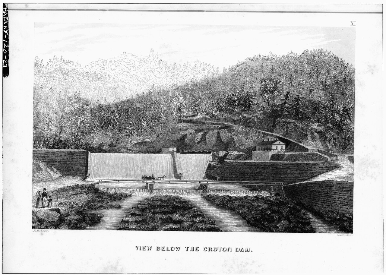 Photocopied October 1976, from b.f.Tower, Illustrations of the Croton Aqueduct, New York, Wiley and Putnam, 1843. VIEW BELOW THE CROTON DAM, PLATE XI, PAGE 98. - Old Croton HAER NY,31-NEYO,87-23.tiff
