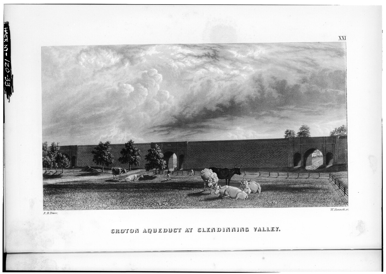 Photocopied October 1976, from b.f.Tower, Illustrations of the Croton Aqueduct, New York, Wiley and Putnam, 1843. CROTON AQUEDUCT AT CLENDINNING VALLEY, PLATE XXI, PAGE 113. - HAER NY,31-NEYO,87-33.tiff