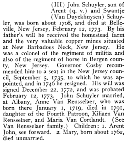 John Schuyler (1708-1773) biography in Genealogical and Family History of Southern New York and the Hudson River Valley, page 1061.png